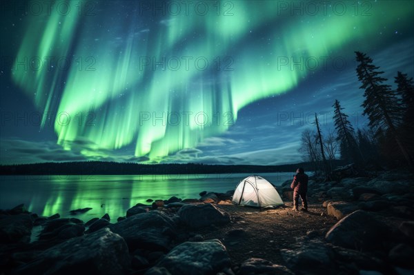 Two tents lit from the inside in the vast Canadian wilderness by a lake