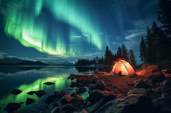 Yellow tent lit from inside in vast Canadian wilderness by a lake