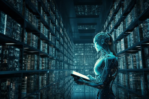 An AI robot works in a gigantic data archive