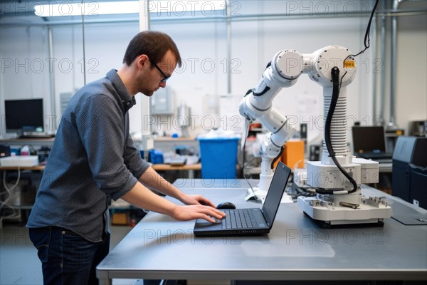 Man controls a robotic arm in a research lab with notebook