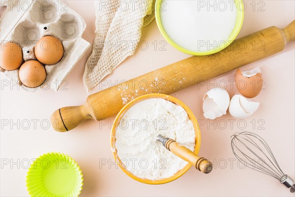 High angle view ingredients baking cake