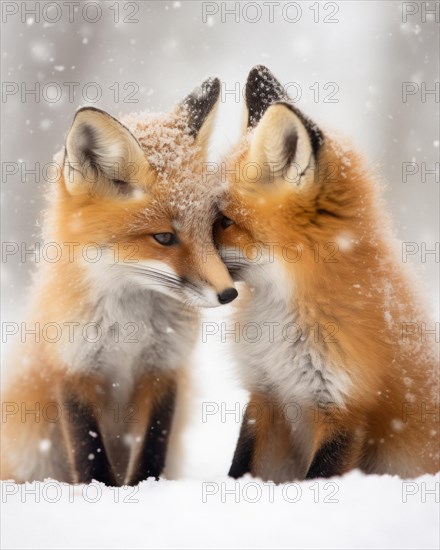 Two Arctic fox cubs with soft fur cuddle up to each other in Arctic winter landscape during snowfall