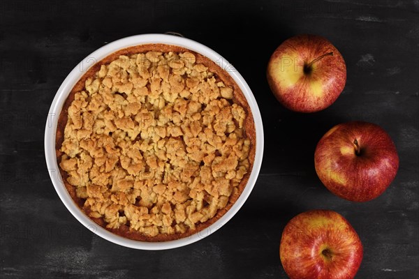 Top view of whole traditional European apple pie with topping crumbles in white springform pan on dark background