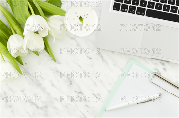 Laptop with tulips clipboard light table