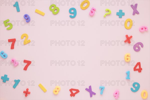 Colourful math numbers letters frame with copy space top view