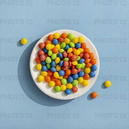 Top view colorful jelly beans plate