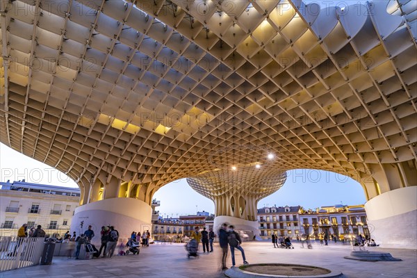 The futuristic wooden construction and observation deck Metropol Parasol at the Plaza de la Encarnacion at dusk