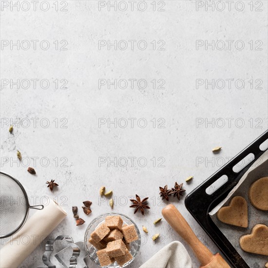 Top view bakery ingredients with cookie tray