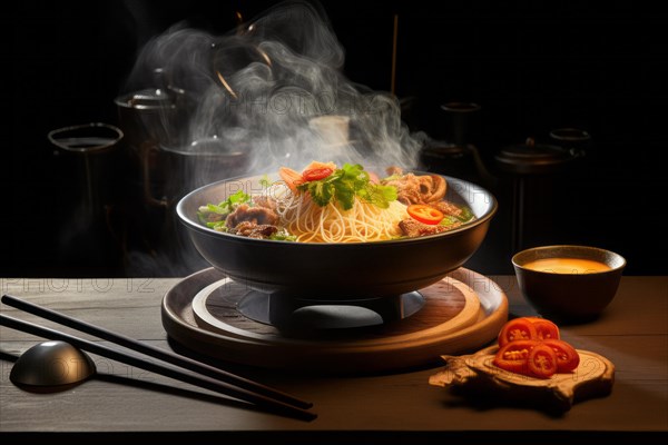 Steaming ramen soup bowl