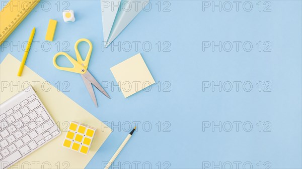 Developing things laying blue background