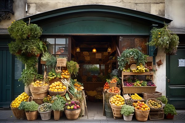 A rustic fruit and vegetable shop with various crates of fruit and vegetables in front of the door