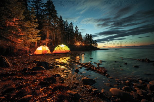 Two tents lit from the inside in the vast Canadian wilderness by a lake