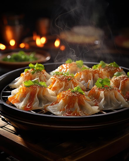 Plate of delicately prepared Chinese dim sum noodle pockets