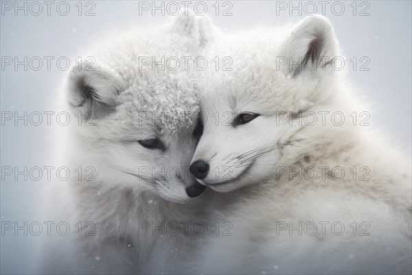 Two Arctic fox cubs with soft fur snuggle together