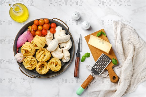 Classic raw ingredients for mushroom pasta