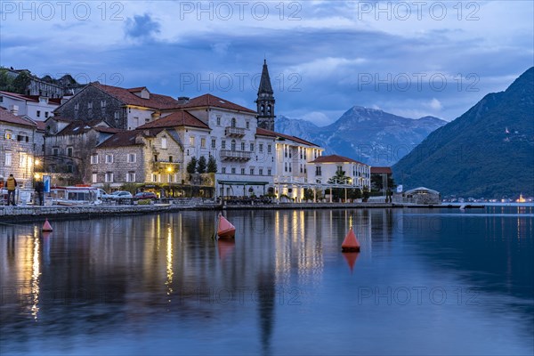 Perast with the Sveti Nikola Church on the Bay of Kotor at dusk