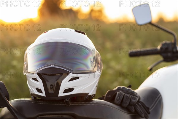 Front view motorcycle helmet sitting bike