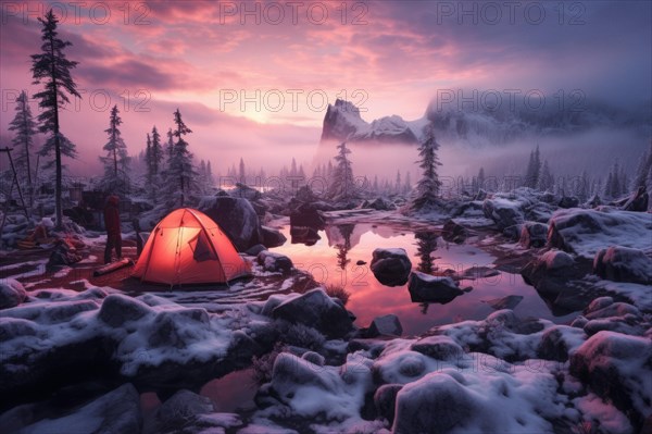 A red tent lit from inside in wide Canadian wilderness in winter at a lake