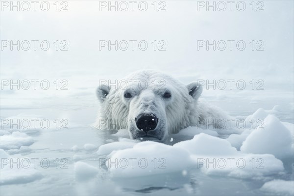 A polar bear swims in the Arctic Ocean between ice floes and snow