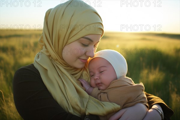 Muslim mother hijab with little daughter lovingly in a meadow in the sun