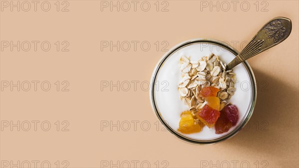 Panoramic view sour cream yogurt oats fruits topping jar
