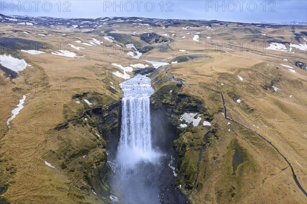 Aerial view over Skogafoss