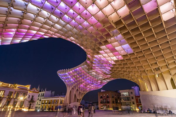 The futuristic wooden construction and observation deck Metropol Parasol at the Plaza de la Encarnacion at dusk