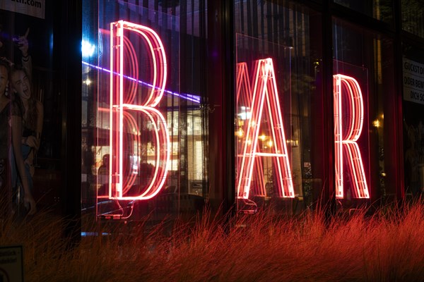 Illuminated sign bar at a hotel in Duesseldorf