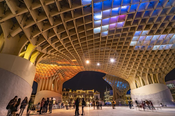 The futuristic wooden construction and observation deck Metropol Parasol at the Plaza de la Encarnacion at dusk