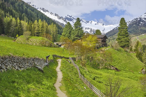 Farmhouse in front of mountain scenery