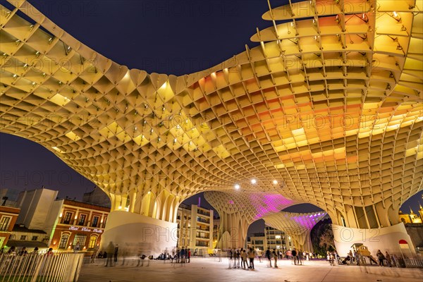 The futuristic wooden construction and observation deck Metropol Parasol at the Plaza de la Encarnacion at dusk