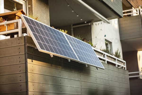 Balcony power plant made of solar panels on a house in Duesseldorf