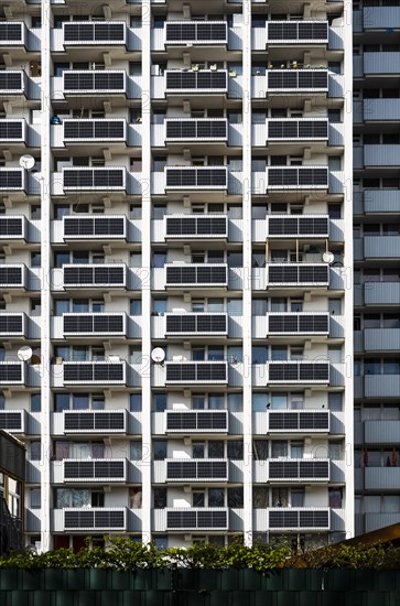 Photomontage of balcony solar panels on a high-rise building in Duesseldorf