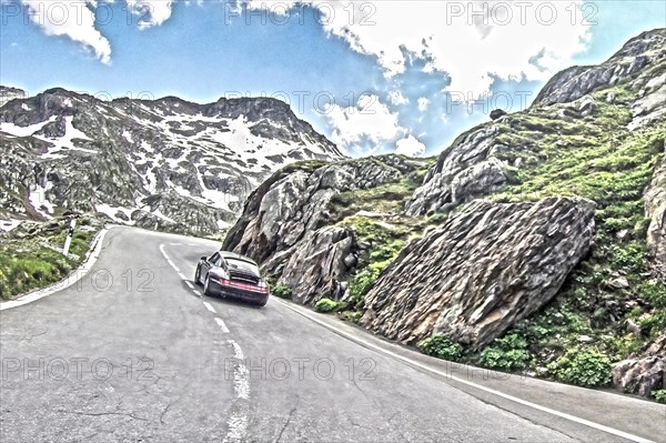 Photo with reduced dynamic saturation HDR of mountain pass alpine mountain road alpine road pass road pass Furkapass with serpentines