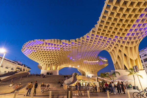 The futuristic wooden construction and observation deck Metropol Parasol at the Plaza de la Encarnacion at dusk