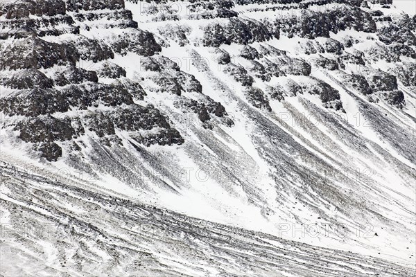 Snow covered talus cones and scree