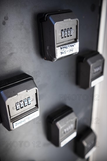 Combination locks for deposited keys for access to rooms in a hotel hostel in Duesseldorf