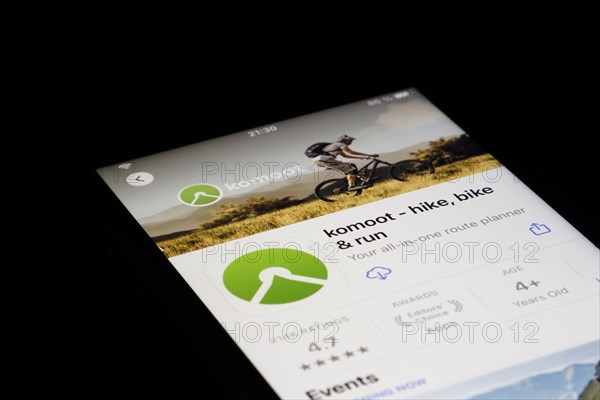 Detailed view of a smartphone with komoot Maps and route planner for hiking App in the iPhone App Store
