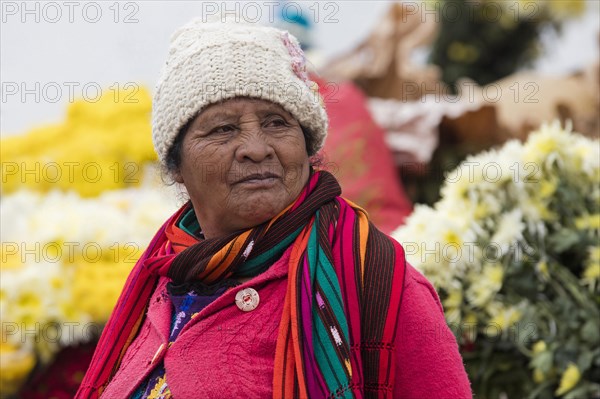 Old local Mayan K'iche woman selling flowers on market day in the town Chichicastenango