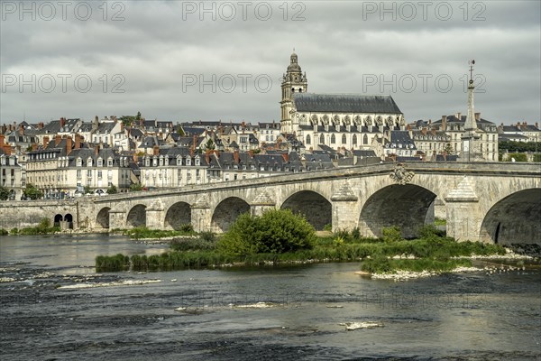 City view with the bridge over the Loire and the Roman Catholic Cathedral Saint-Louis