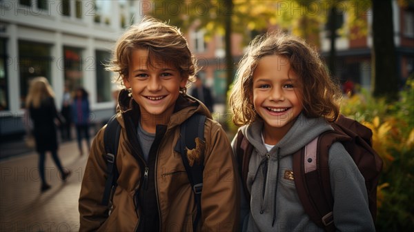 Happy and excited young children student friends walking on the campus of their school