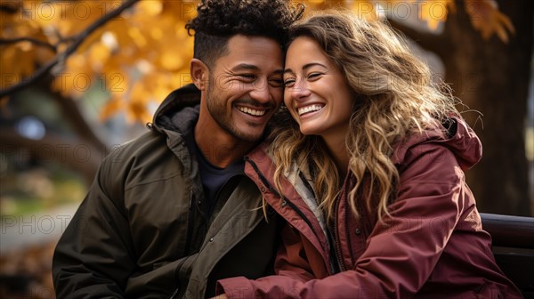 Happy warmly dressed young loving multi-ethnic couple laughing as they enjoy the beautiful fall leaves in the park