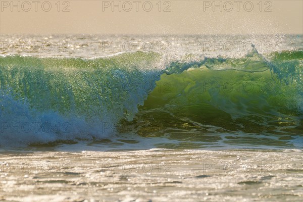 Breaking ocean wave on sunset backlit with sun. Fonte da Telha