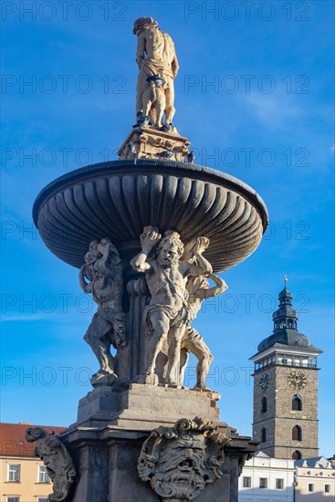 Black Tower and Samson Fountain at Premysl Otakar II Square in the historic old town of Ceske Budejovice