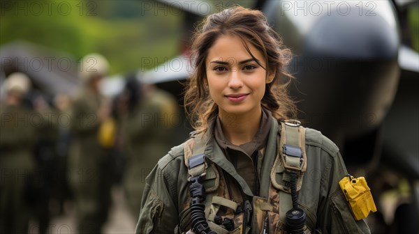 Mixed-race female fighter pilot soldier standing outside her military fighter jet