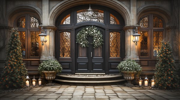 Beautiful christmas decorated front door and porch of a house on a winter evening. generative AI