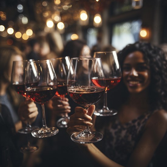 Young cheerful people toast each other with glasses raised