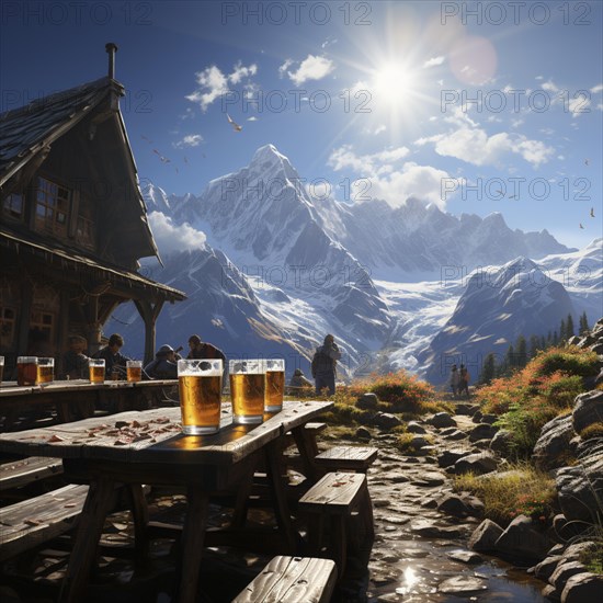 Beer and snacks in an alpine hut in the mountains