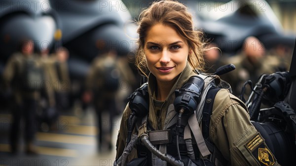 Mixed-race female fighter pilot soldier standing outside her military fighter jet