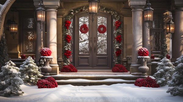 Beautiful christmas decorated front door and porch of a house on a winter evening. generative AI